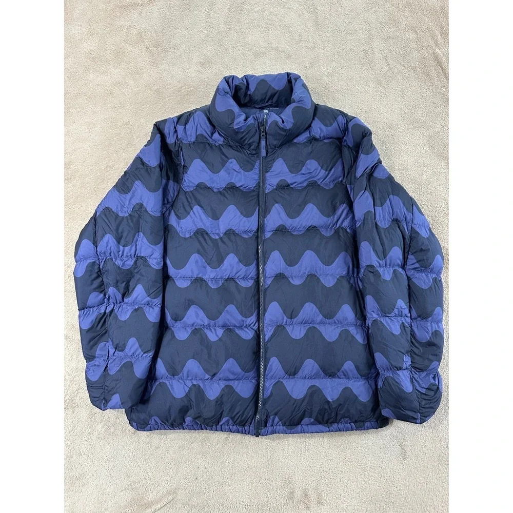 Uniqlo X Marimekko Ultra Light Down Jacket Kids 13 Blue‎ Puffer Packable Bag EUC